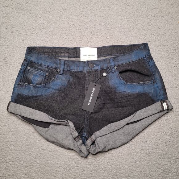 ONE Teaspoon Shorts 30 Bandits Low Waist Denim Blue Punk Relaxed Button Fly NEW - Picture 2 of 11